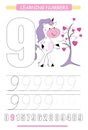 Funny children flashcard number nine. Unicorn with hearts learning to count and to write. Coloring printable worksheet for kinderg Royalty Free Stock Photo